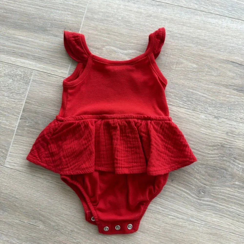 Tommy Hilfiger Baby Red Ruffle Bodysuit Dress Heart Logo 0-3M USA Preppy Classic